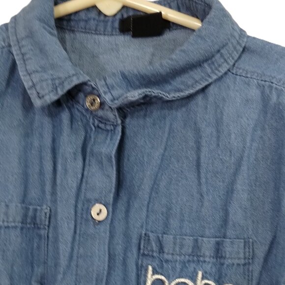 BEBE Blouse Girls M(10/12) Blue Pockets Roll-Tab Sleeve Button-up Asymmetrical - Picture 5 of 8